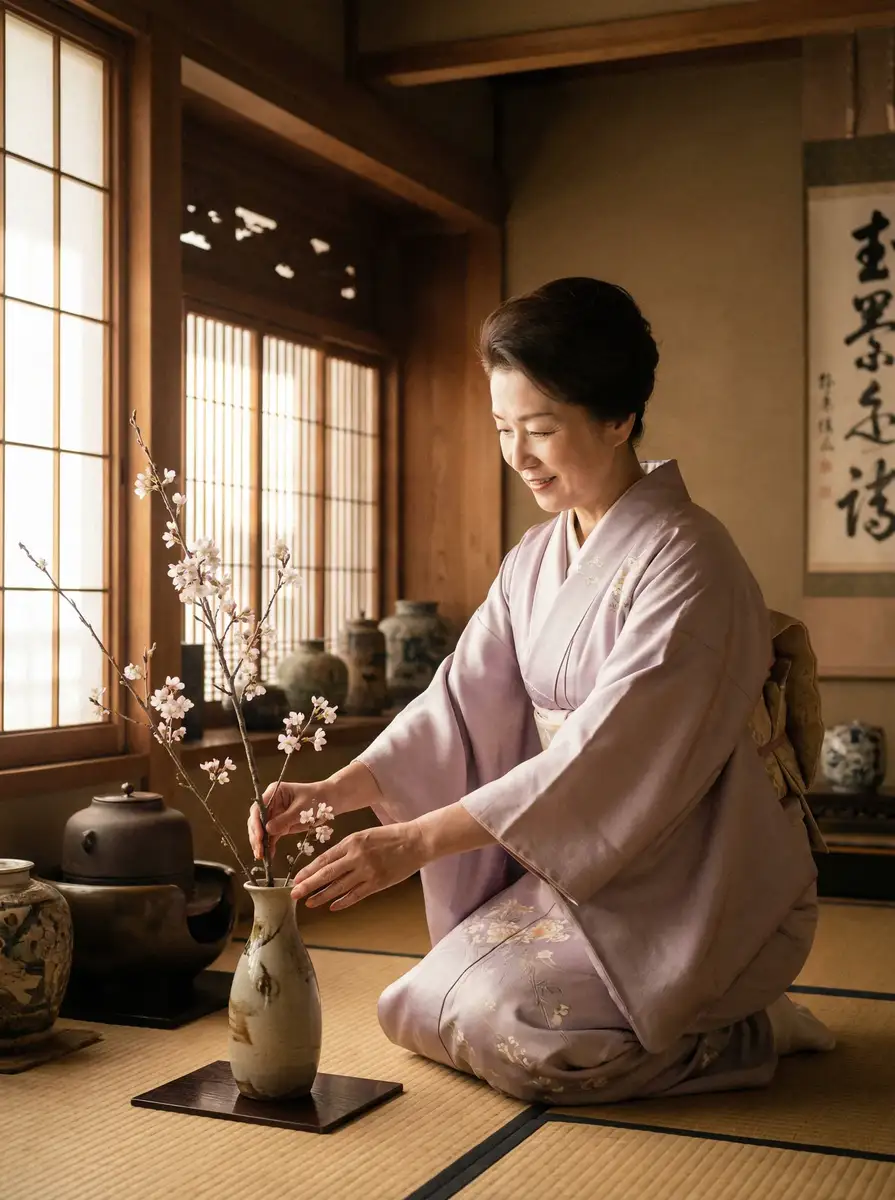一位优雅的 吉祥坊app 在和室中插花